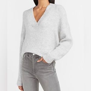 EXPRESS Metallic Slouchy V-Neck Tunic Sweater Gray Medium
